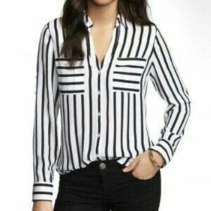 Express The Portofino Shirt Womens XS White Black Stripes Roll Tab Sleeves
